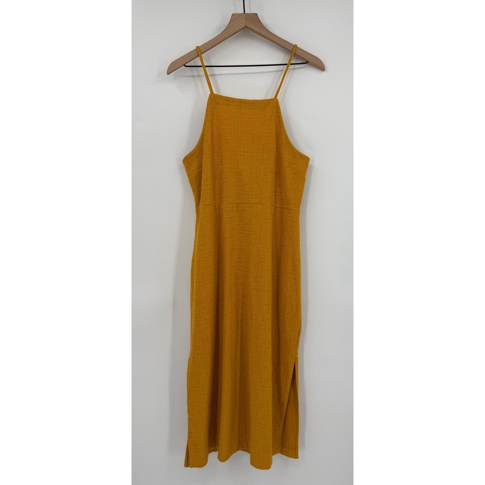Madwell Dress Womens Large Yellow Textured Midi Square Neck Tie Back Side Slit